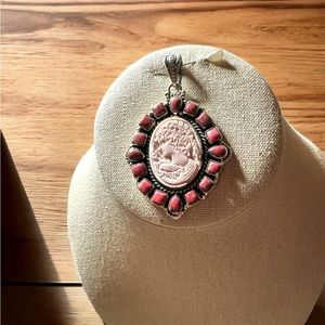 Carved Pink Conch & Rhodachrosite Pendant in Sterling Silver